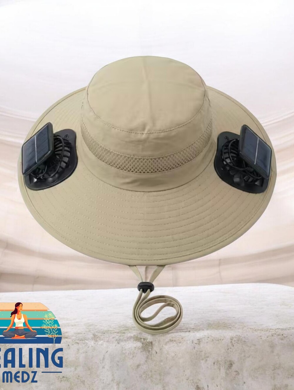 Men's Khaki Solar Dual Fan Outdoor Cooling Hat, Breathable Wide Adjustable Strap